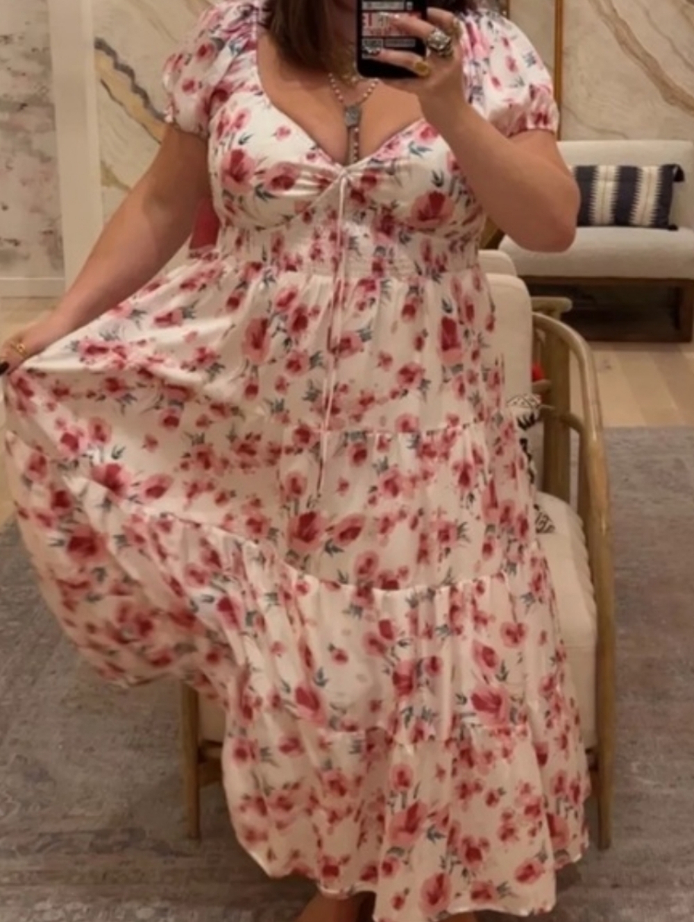 Arula Claire Floral Pink & White Satin Midi Dress SIZE 1X